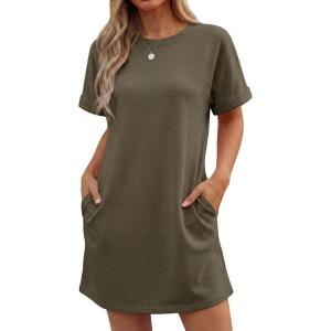 image:imageGRECERELLE Womens Casual TShirt Dress with Pockets Short Sleeve Shift Dresses WrinkleResistant Above Knee LengthArmy Green