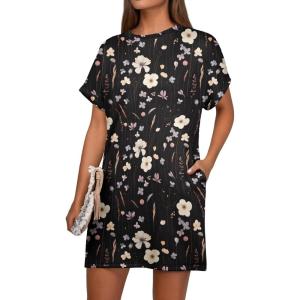 image:imageGRECERELLE Womens Casual TShirt Dress with Pockets Short Sleeve Shift Dresses WrinkleResistant Above Knee LengthBlack Ink Lotus