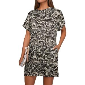 image:imageGRECERELLE Womens Casual TShirt Dress with Pockets Short Sleeve Shift Dresses WrinkleResistant Above Knee LengthBlack Khaki Leaf