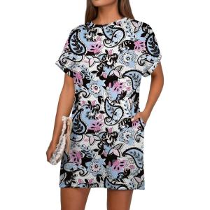 image:imageGRECERELLE Womens Casual TShirt Dress with Pockets Short Sleeve Shift Dresses WrinkleResistant Above Knee LengthBlue Pink Paisley