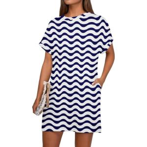 image:imageGRECERELLE Womens Casual TShirt Dress with Pockets Short Sleeve Shift Dresses WrinkleResistant Above Knee LengthBlue White Wave