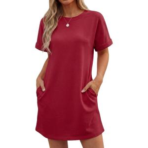 image:imageGRECERELLE Womens Casual TShirt Dress with Pockets Short Sleeve Shift Dresses WrinkleResistant Above Knee LengthBurgundy