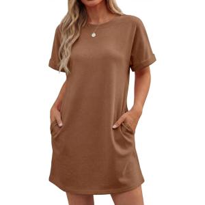 image:imageGRECERELLE Womens Casual TShirt Dress with Pockets Short Sleeve Shift Dresses WrinkleResistant Above Knee LengthCamel
