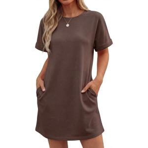 image:imageGRECERELLE Womens Casual TShirt Dress with Pockets Short Sleeve Shift Dresses WrinkleResistant Above Knee LengthDark Coffee