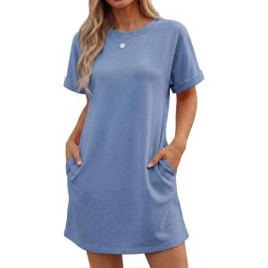 image:imageGRECERELLE Womens Casual TShirt Dress with Pockets Short Sleeve Shift Dresses WrinkleResistant Above Knee LengthDenim Blue