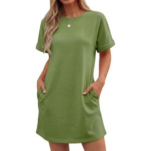 image:imageGRECERELLE Womens Casual TShirt Dress with Pockets Short Sleeve Shift Dresses WrinkleResistant Above Knee LengthDill Green