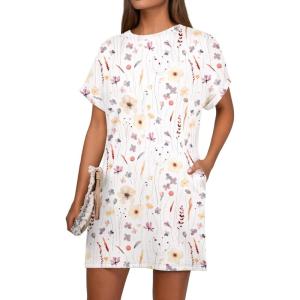 image:imageGRECERELLE Womens Casual TShirt Dress with Pockets Short Sleeve Shift Dresses WrinkleResistant Above Knee LengthDreamy Garden