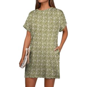 image:imageGRECERELLE Womens Casual TShirt Dress with Pockets Short Sleeve Shift Dresses WrinkleResistant Above Knee LengthGreen White Maze