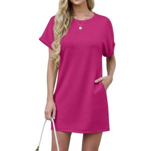 image:imageGRECERELLE Womens Casual TShirt Dress with Pockets Short Sleeve Shift Dresses WrinkleResistant Above Knee LengthHot Pink