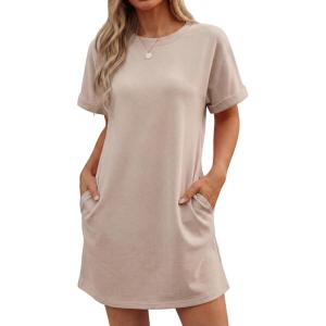 image:imageGRECERELLE Womens Casual TShirt Dress with Pockets Short Sleeve Shift Dresses WrinkleResistant Above Knee LengthKhaki