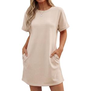 image:imageGRECERELLE Womens Casual TShirt Dress with Pockets Short Sleeve Shift Dresses WrinkleResistant Above Knee LengthLight Apricot
