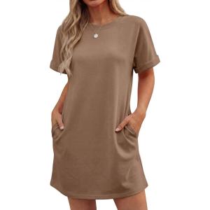 image:imageGRECERELLE Womens Casual TShirt Dress with Pockets Short Sleeve Shift Dresses WrinkleResistant Above Knee LengthLight Coffee