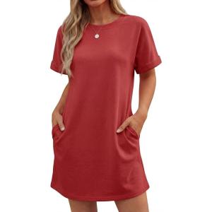 image:imageGRECERELLE Womens Casual TShirt Dress with Pockets Short Sleeve Shift Dresses WrinkleResistant Above Knee LengthRed