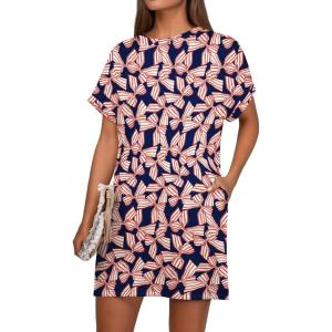 image:imageGRECERELLE Womens Casual TShirt Dress with Pockets Short Sleeve Shift Dresses WrinkleResistant Above Knee LengthRed Striped Bow