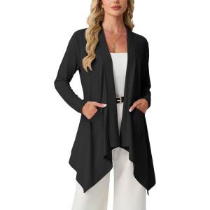 image:imageGRECERELLE Womens Lightweight Cardigan Open Front Draped Long Sleeve Casual Asymmetric Hem Cardigans with PocketsAblack