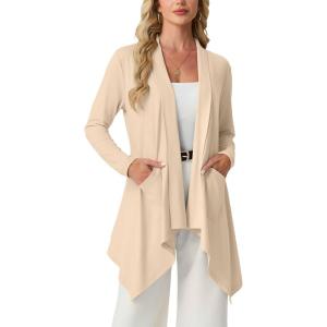 image:imageGRECERELLE Womens Lightweight Cardigan Open Front Draped Long Sleeve Casual Asymmetric Hem Cardigans with PocketsApricot