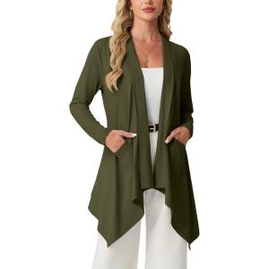 image:imageGRECERELLE Womens Lightweight Cardigan Open Front Draped Long Sleeve Casual Asymmetric Hem Cardigans with PocketsArmy Green