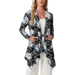 image:imageGRECERELLE Womens Lightweight Cardigan Open Front Draped Long Sleeve Casual Asymmetric Hem Cardigans with PocketsBlack White Lily