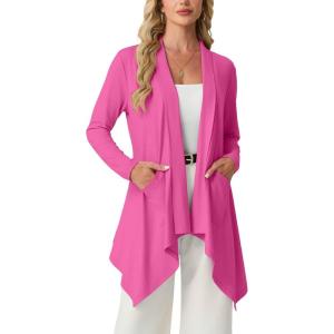 image:imageGRECERELLE Womens Lightweight Cardigan Open Front Draped Long Sleeve Casual Asymmetric Hem Cardigans with PocketsHot Pink