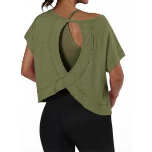 image:imageGRECERELLE Womens Open Back Workout Tops Backless Athletic Shirts Casual Crop Running Tee Y2k YogaArmy Green