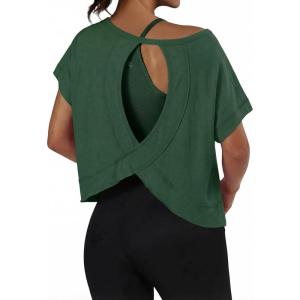 image:imageGRECERELLE Womens Open Back Workout Tops Backless Athletic Shirts Casual Crop Running Tee Y2k YogaDark Green