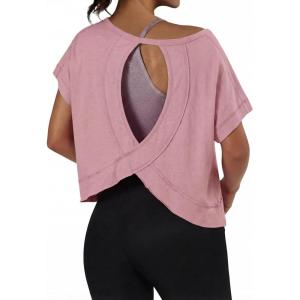 image:imageGRECERELLE Womens Open Back Workout Tops Backless Athletic Shirts Casual Crop Running Tee Y2k YogaMauve