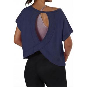 image:imageGRECERELLE Womens Open Back Workout Tops Backless Athletic Shirts Casual Crop Running Tee Y2k YogaNavy Blue