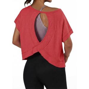 image:imageGRECERELLE Womens Open Back Workout Tops Backless Athletic Shirts Casual Crop Running Tee Y2k YogaRed