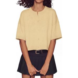image:imageGRECERELLE Womens Short Sleeve Knit Cropped Cardigan Sweater for Business Casual Transitional Weather amp Daily WearButter Yellow