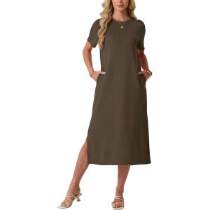 image:imageGRECERELLE Womens Short Sleeve Loose Fit Midi Long Dress  WrinkleFree Crewneck Split for Work Travel Casual VersatileArmy Green