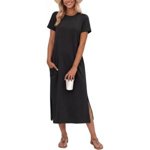 image:imageGRECERELLE Womens Short Sleeve Loose Fit Midi Long Dress  WrinkleFree Crewneck Split for Work Travel Casual VersatileBlack