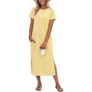image:imageGRECERELLE Womens Short Sleeve Loose Fit Midi Long Dress  WrinkleFree Crewneck Split for Work Travel Casual VersatileButter Yellow