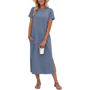 image:imageGRECERELLE Womens Short Sleeve Loose Fit Midi Long Dress  WrinkleFree Crewneck Split for Work Travel Casual VersatileDenim Blue