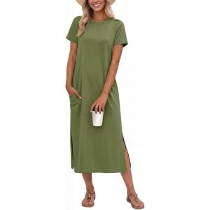 image:imageGRECERELLE Womens Short Sleeve Loose Fit Midi Long Dress  WrinkleFree Crewneck Split for Work Travel Casual VersatileDill Green