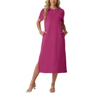 image:imageGRECERELLE Womens Short Sleeve Loose Fit Midi Long Dress  WrinkleFree Crewneck Split for Work Travel Casual VersatileHot Pink