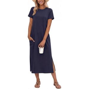image:imageGRECERELLE Womens Short Sleeve Loose Fit Midi Long Dress  WrinkleFree Crewneck Split for Work Travel Casual VersatileNavy Blue