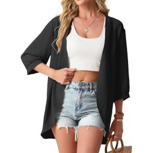 image:imageGRECERELLE Womens Summer Lightweight 34 Sleeve Cardigan Open Front Casual Loose Kimono Cover Ups with PocketsBlack