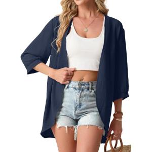 image:imageGRECERELLE Womens Summer Lightweight 34 Sleeve Cardigan Open Front Casual Loose Kimono Cover Ups with PocketsDark Blue