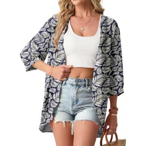 image:imageGRECERELLE Womens Summer Lightweight 34 Sleeve Cardigan Open Front Casual Loose Kimono Cover Ups with PocketsDark Blue Palm Leaf