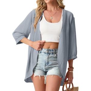 image:imageGRECERELLE Womens Summer Lightweight 34 Sleeve Cardigan Open Front Casual Loose Kimono Cover Ups with PocketsHaze Blue