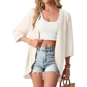 image:imageGRECERELLE Womens Summer Lightweight 34 Sleeve Cardigan Open Front Casual Loose Kimono Cover Ups with PocketsIvory White