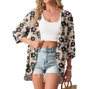 image:imageGRECERELLE Womens Summer Lightweight 34 Sleeve Cardigan Open Front Casual Loose Kimono Cover Ups with PocketsKhaki Black Flower