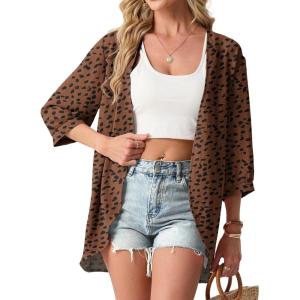 image:imageGRECERELLE Womens Summer Lightweight 34 Sleeve Cardigan Open Front Casual Loose Kimono Cover Ups with PocketsLd Coffee