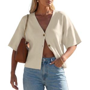image:imageGRECERELLE Womens Summer Lightweight Short Sleeve Cardigans Open Front V Neck Casual Knit Button Down SweaterApricot