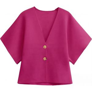 image:imageGRECERELLE Womens Summer Lightweight Short Sleeve Cardigans Open Front V Neck Casual Knit Button Down SweaterHot Pink