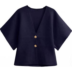 image:imageGRECERELLE Womens Summer Lightweight Short Sleeve Cardigans Open Front V Neck Casual Knit Button Down SweaterNavy Blue