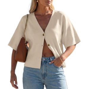 image:imageGRECERELLE Womens Summer Lightweight Short Sleeve Cardigans Open Front V Neck Casual Knit Button Down SweaterOatmeal