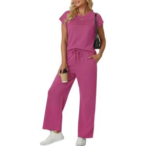 image:imageGRECERELLE Womens Two Piece Lounge Set Striped Short Sleeve Top with Wide Leg Pants Summer Travel Casual OutfitHot Pink