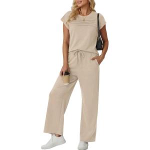 image:imageGRECERELLE Womens Two Piece Lounge Set Striped Short Sleeve Top with Wide Leg Pants Summer Travel Casual OutfitOatmeal