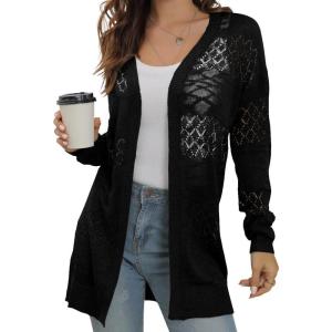image:imageGRECERELLE Lightweight Cardigan Sweaters for Women Crochet Knit Open Front Long Sleeve Loose Casual Boho Summer Beach CoverupAblack